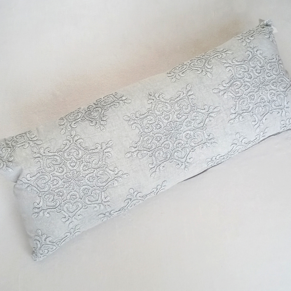 Gorgeous Muted Blue Grey Denim Batik Floral Style Long Bolster Pillow 16" x 32"